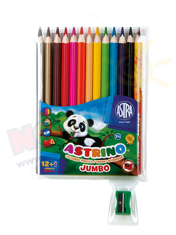 Novum Kredki ołówkowe Astrino trójkątne - 12 kolorów + temperówka i kredka tęczowa GRATIS